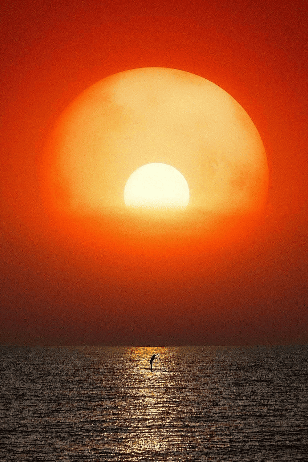 Spettacolare tramonto sul mare, con la sagoma di una persona che fa paddle sull’acqua, che evoca calma, natura e serenità.