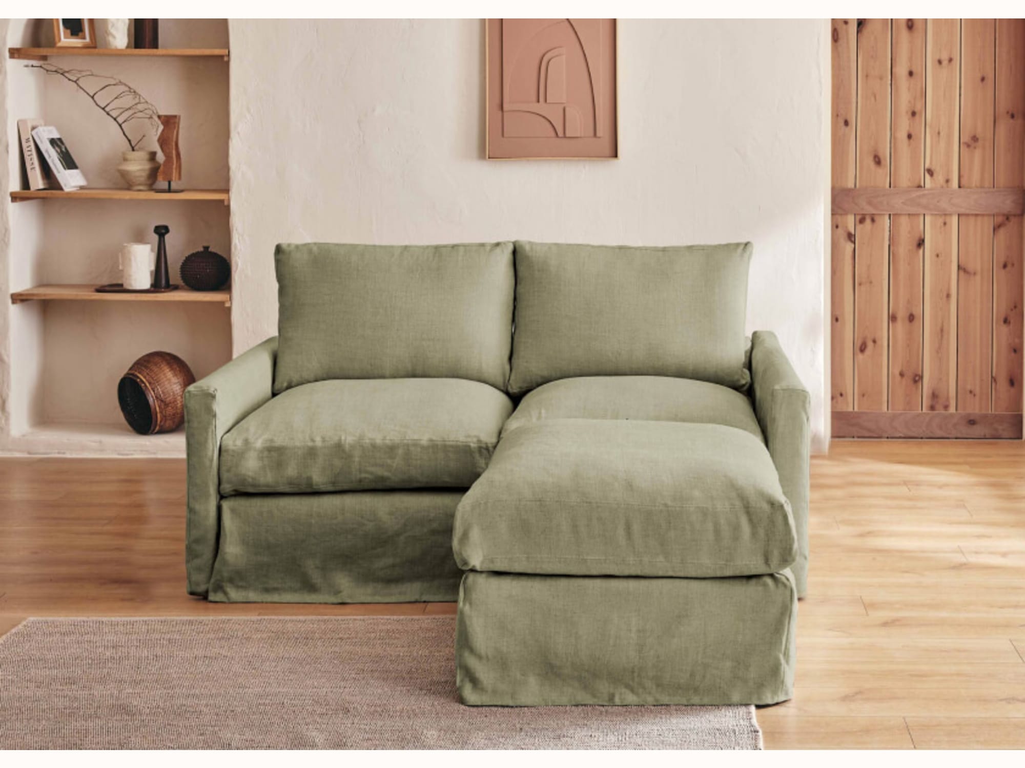Canapé 2-3 places d'angle avec pouf en lin LENO - Kipli