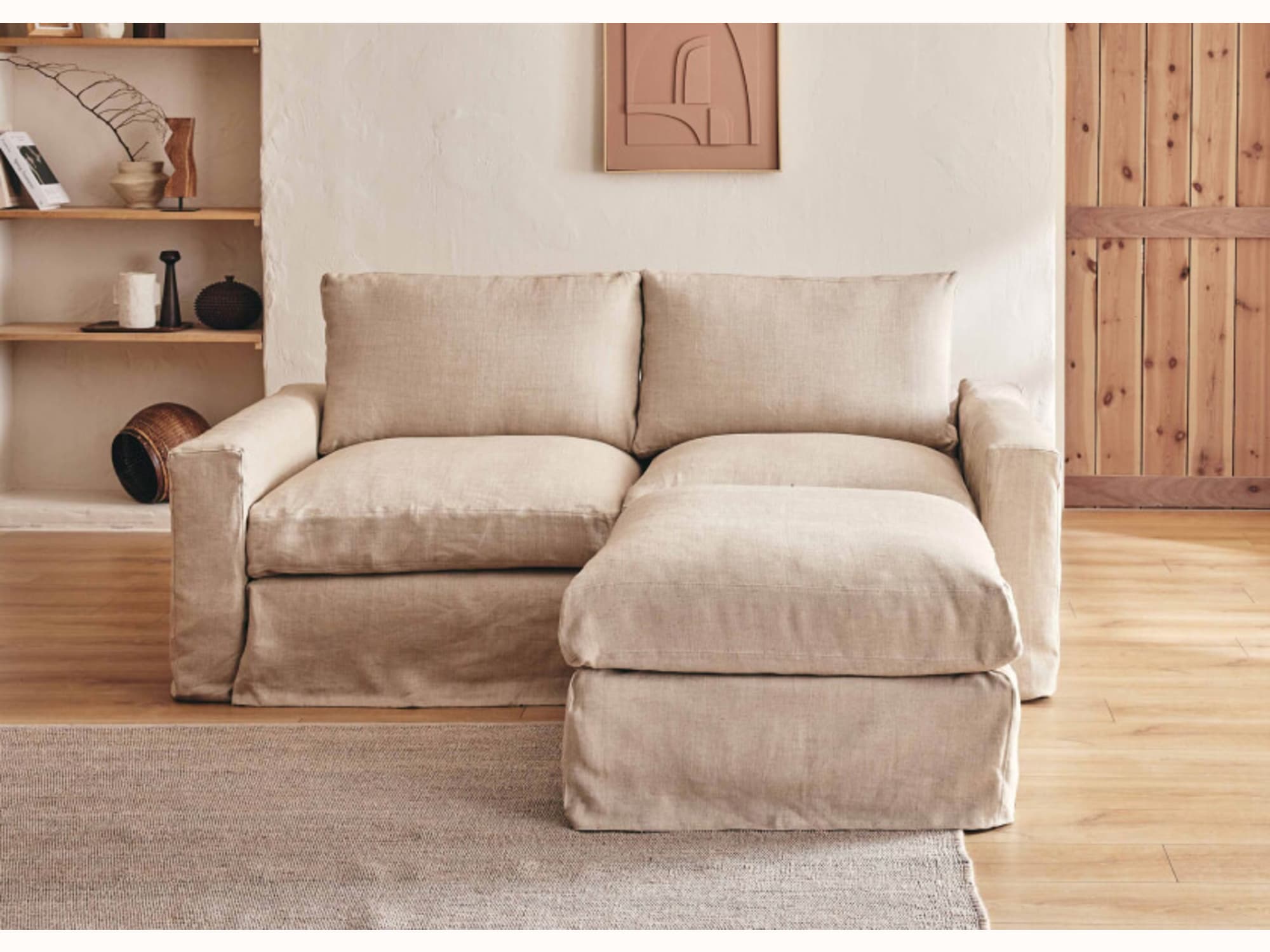 Canapé 2-3 places d'angle avec pouf en lin LENO - Kipli