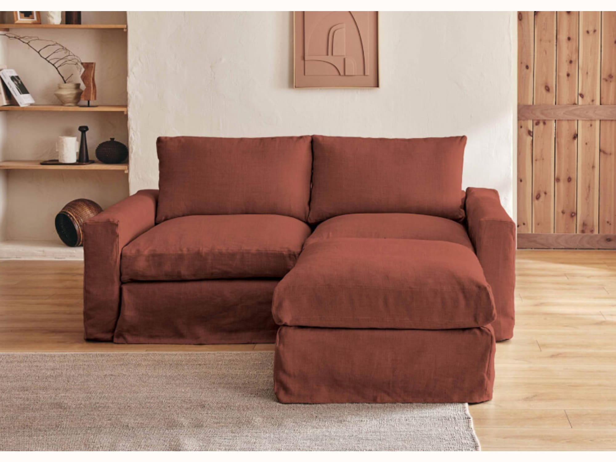 Canapé 2-3 places d'angle avec pouf en lin LENO - Kipli