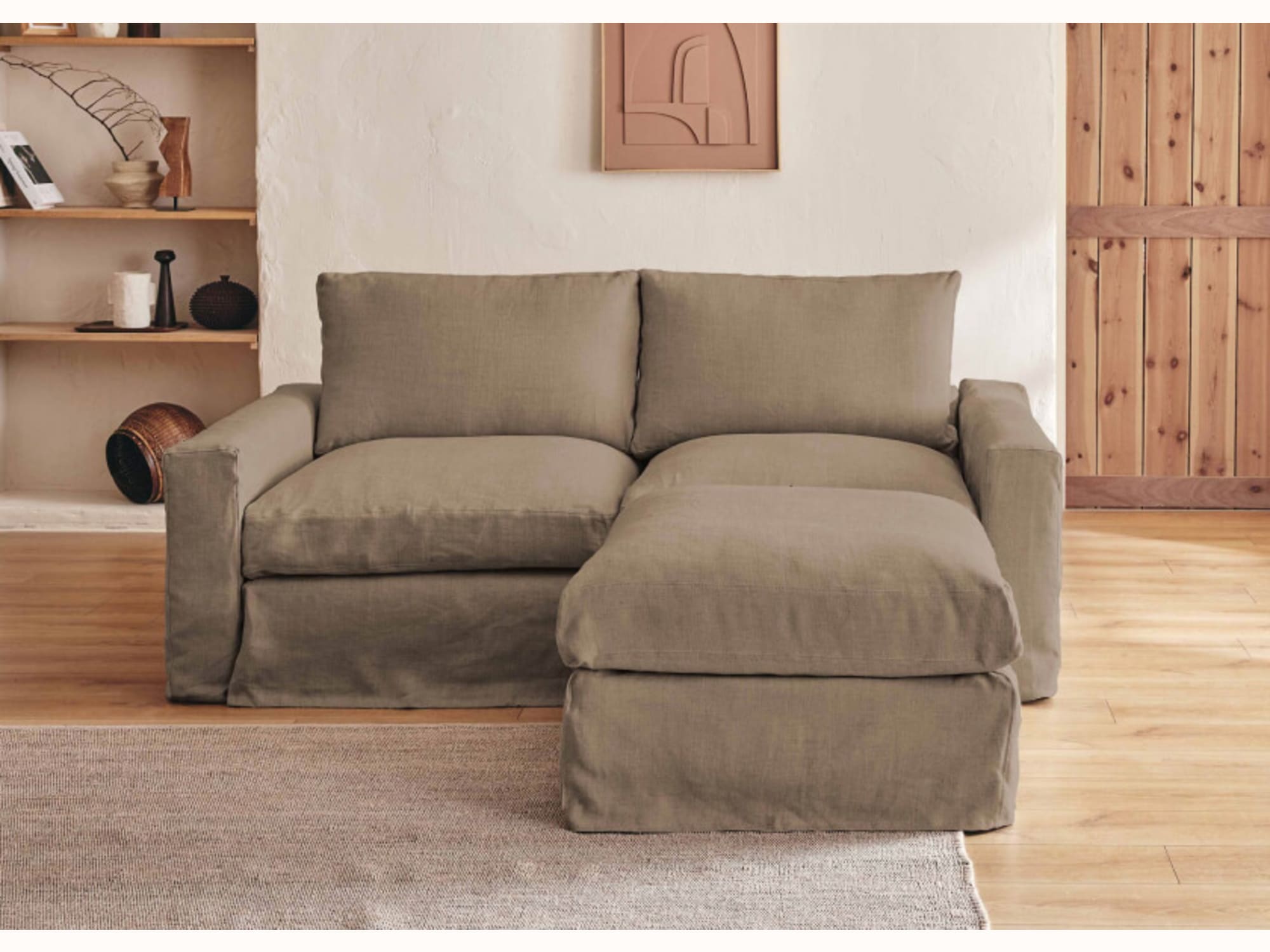 Canapé 2-3 places d'angle avec pouf en lin LENO - Kipli