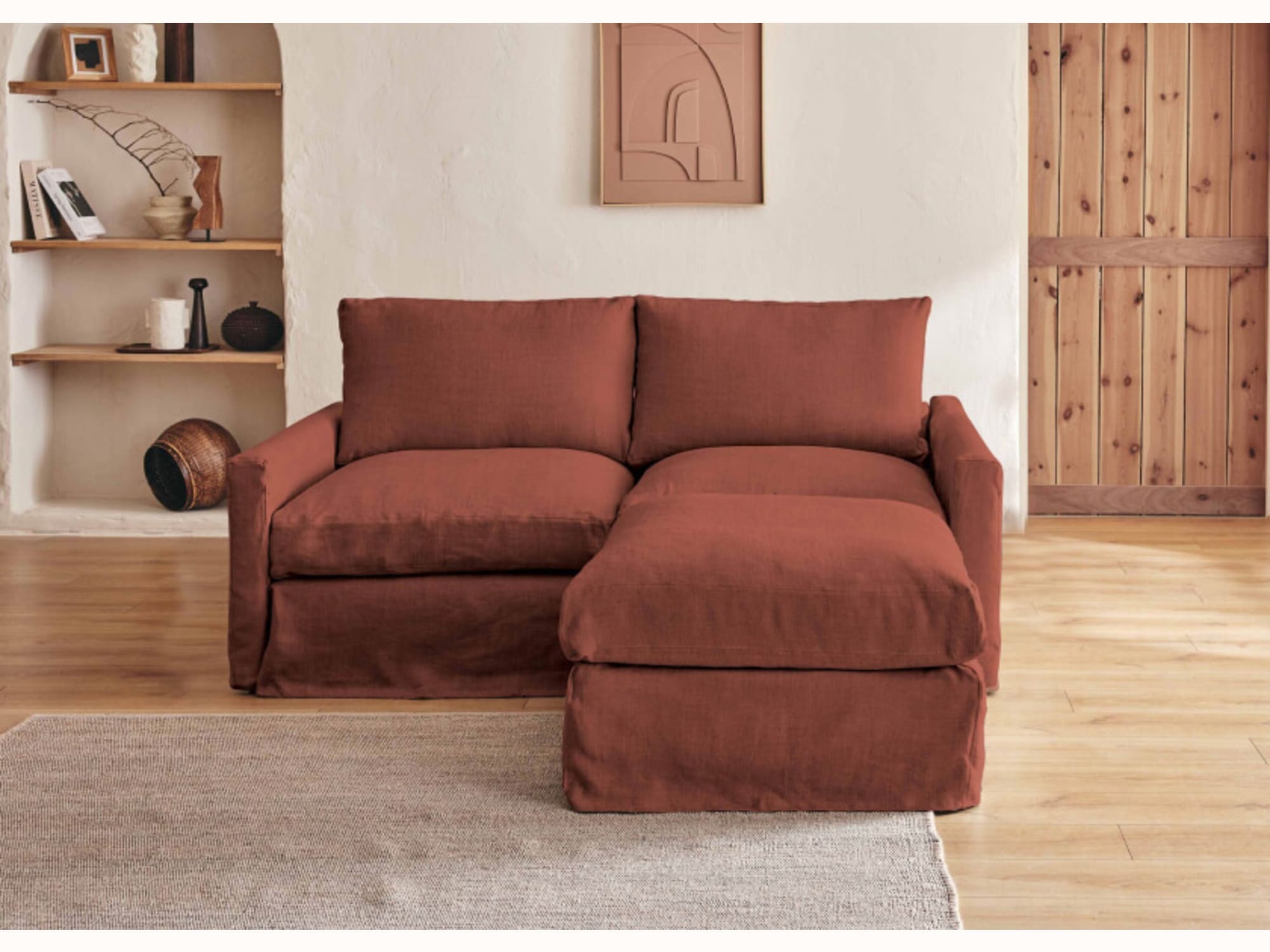 Canapé 2-3 places d'angle avec pouf en lin LENO - Kipli