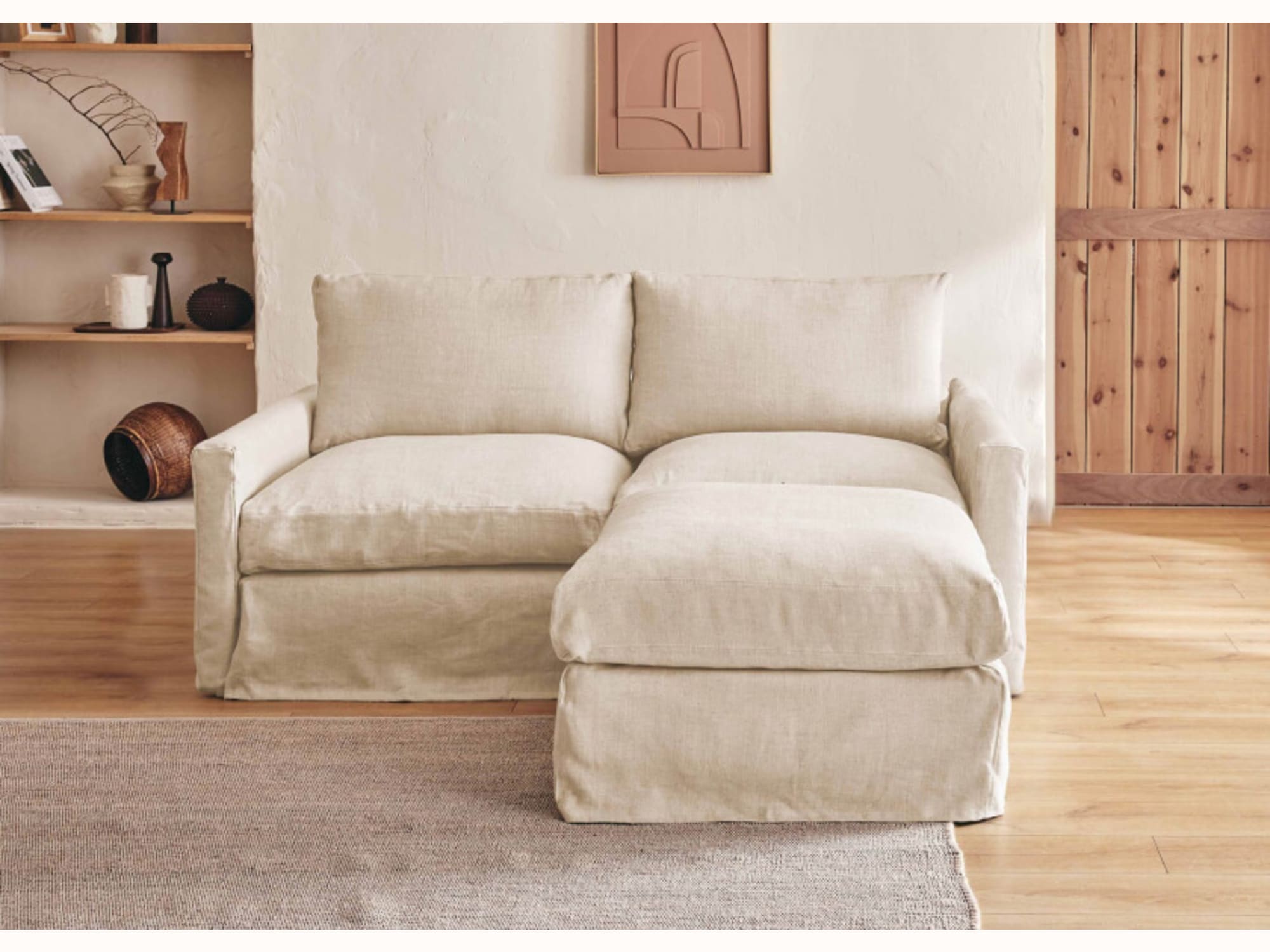 Canapé 2-3 places d'angle avec pouf en lin LENO - Kipli
