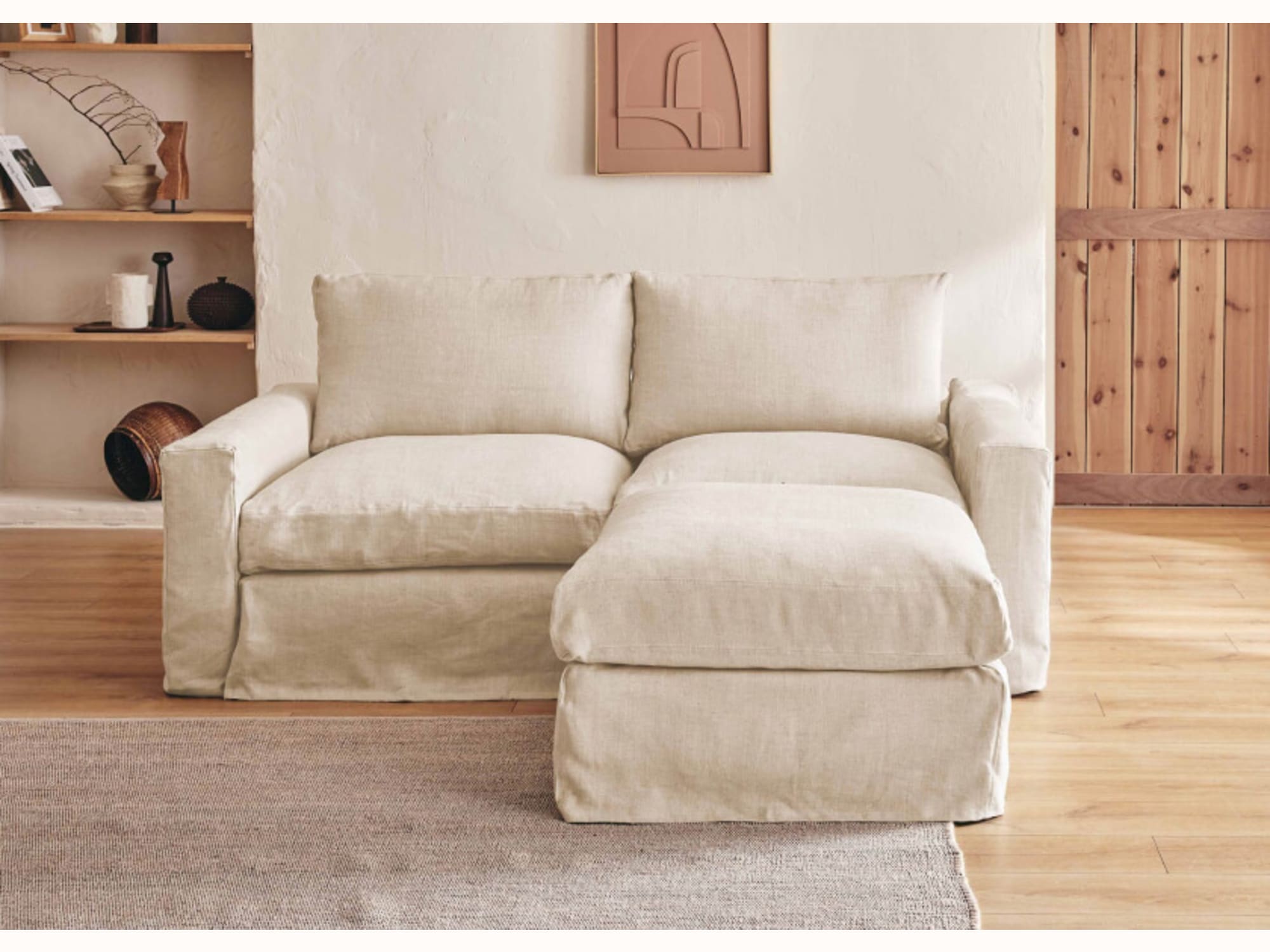 Canapé 2-3 places d'angle avec pouf en lin LENO - Kipli