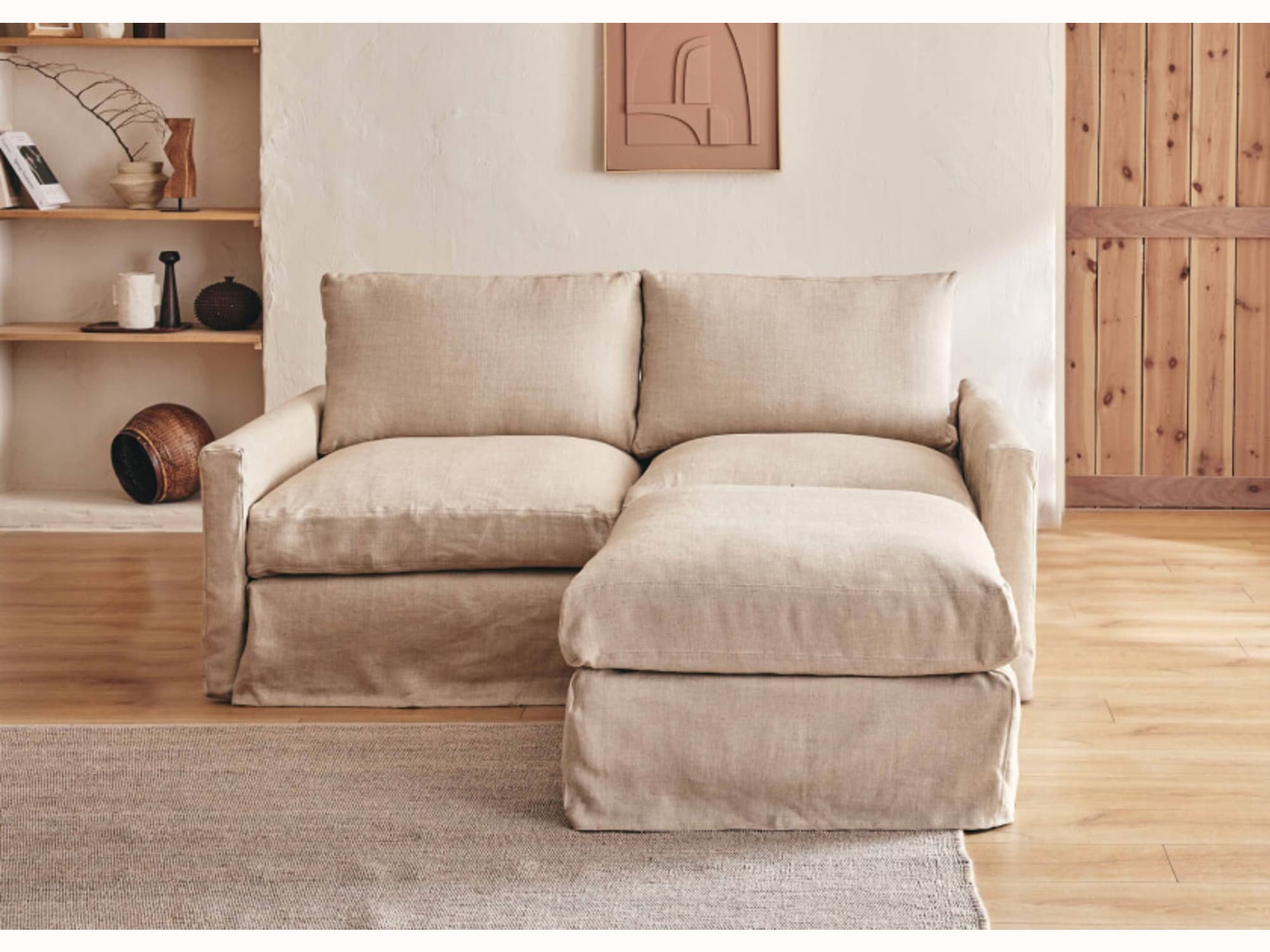 Canapé 2-3 places d'angle avec pouf en lin LENO - Kipli