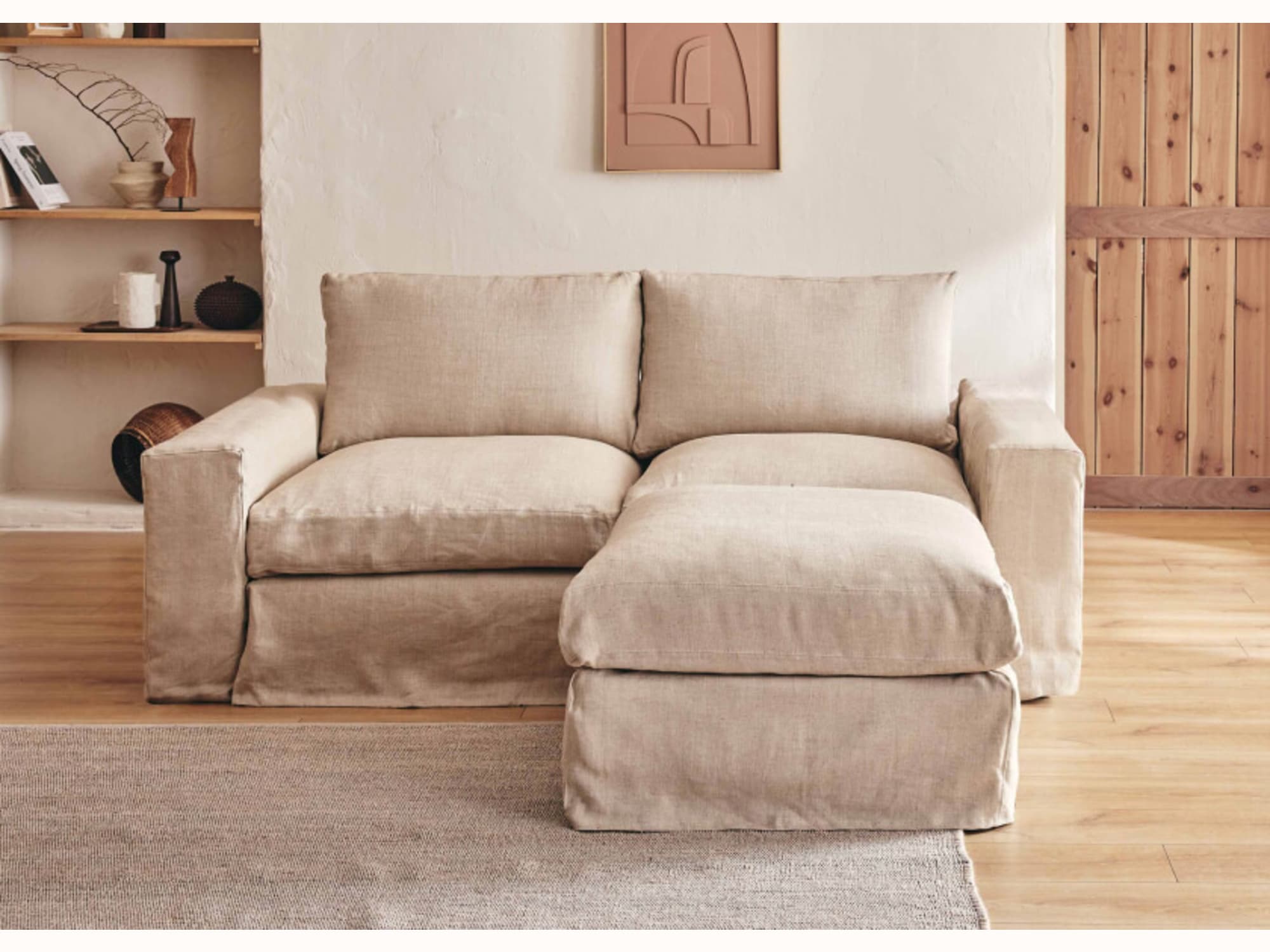 Canapé 2-3 places d'angle avec pouf en lin LENO - Kipli
