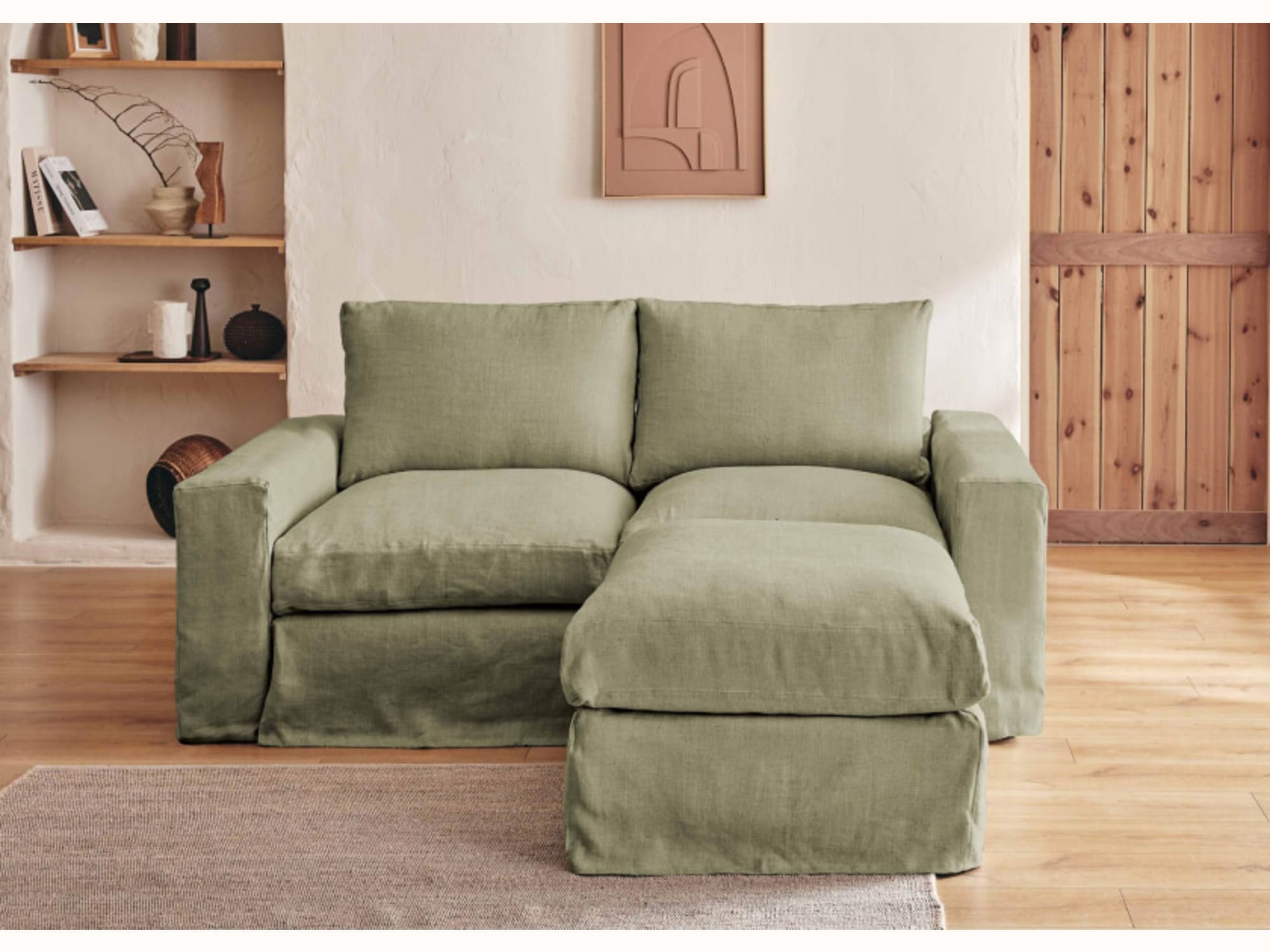 Canapé 2-3 places d'angle avec pouf en lin LENO - Kipli
