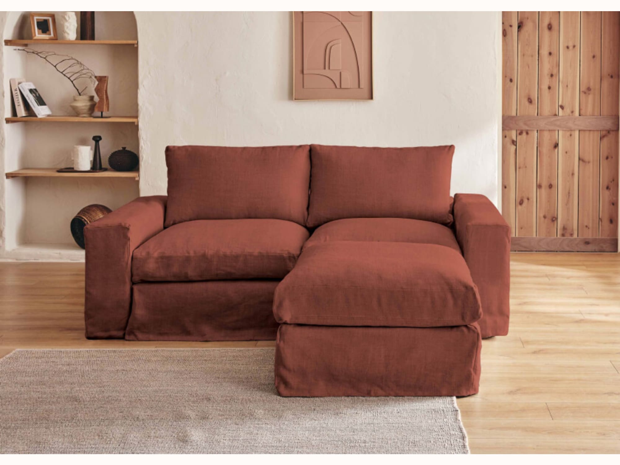 Canapé 2-3 places d'angle avec pouf en lin LENO - Kipli