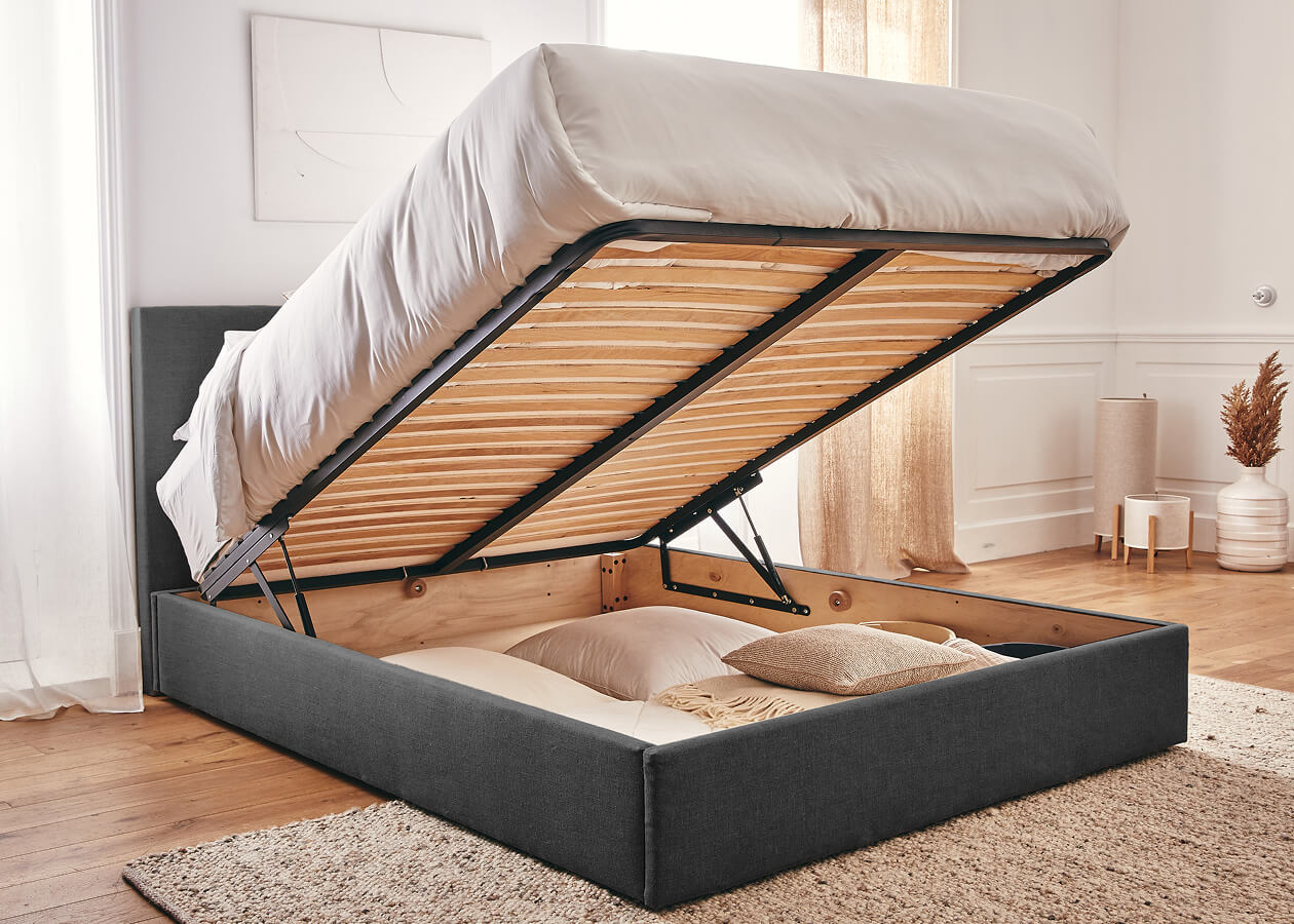 Lit coffre en bois et lin OTTO